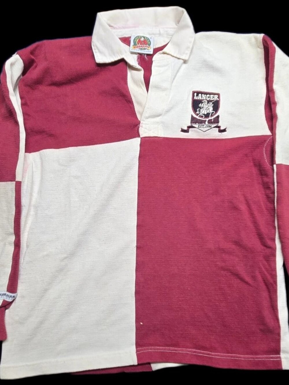 VTG Barbarian Rugby Shirt Lancer Patchwork Block Maroon Cream L